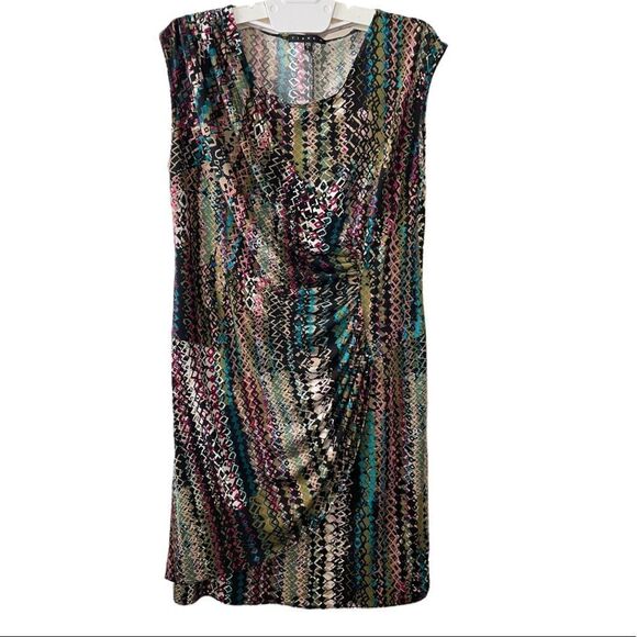 622 - GEOMETRIC MULTI COLOR DRESS WITH RUCHED WAIST - Picture 2 of 7